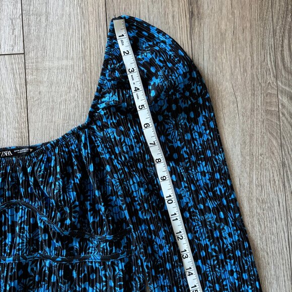 Zara Cropped Peasant Blouse in Blue Black Floral Print Womens Medium Boho Y2K - Picture 8 of 14